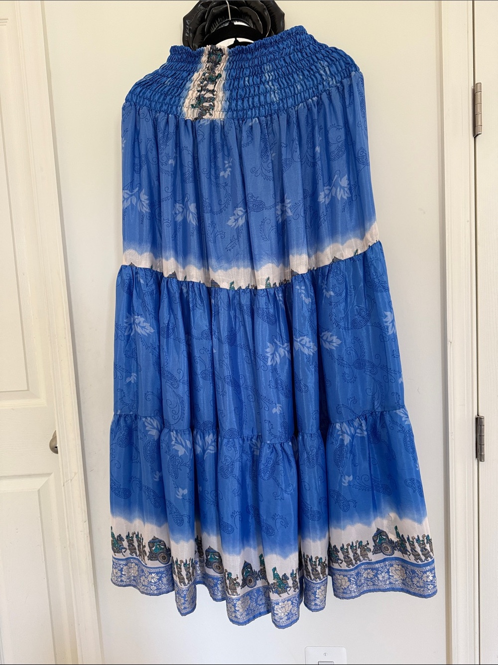 Silk Blue Tiered Smocked Waist Maxi Skirt nwot
